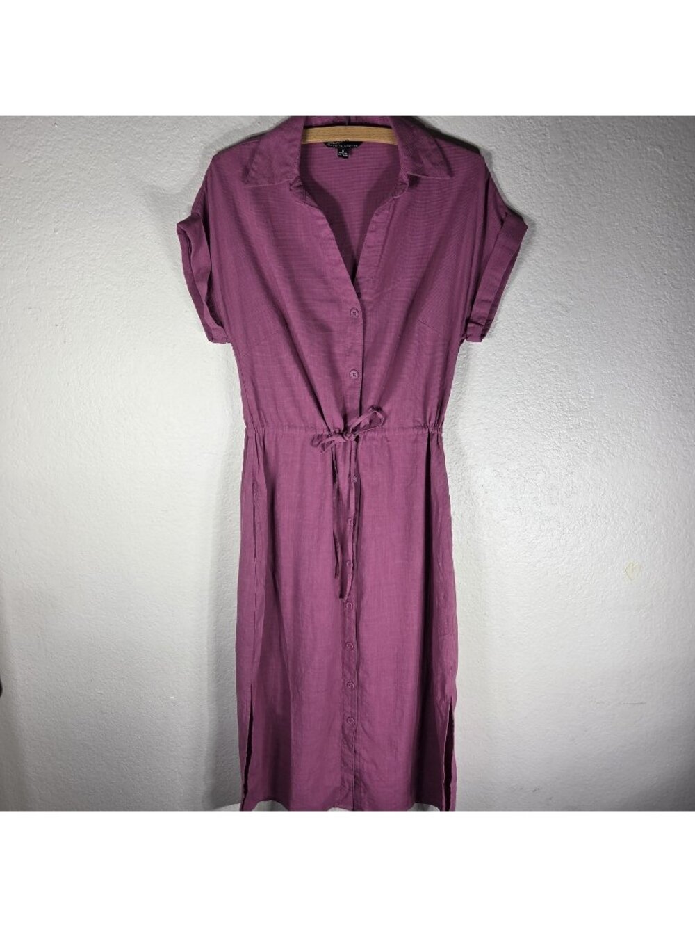 Badgley Mischka Button Front Midi Shirt Dress Size S Magenta Drawstring Jewel